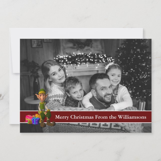 Auto Black and White Photo Elf and Red Text Band Holiday Card (Front)