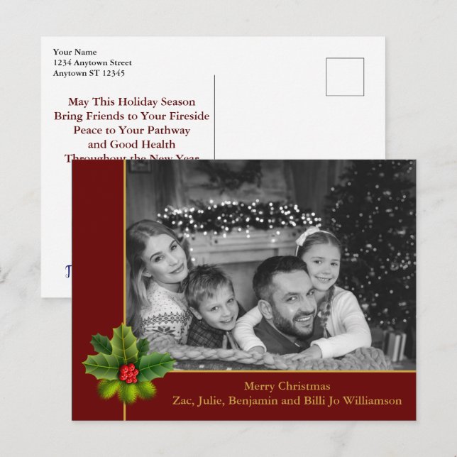 Auto Black and White Photo Holly Red Christmas Postcard (Front/Back)