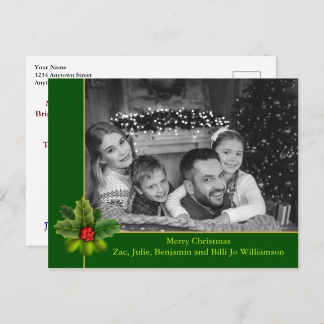 Auto Black and White Photo With Holly Christmas Postcard (Front/Back)