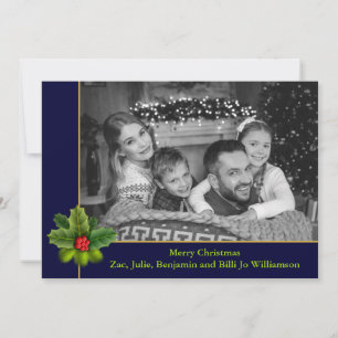 Auto Black and White Photo With Holly Frame Photo Holiday Card