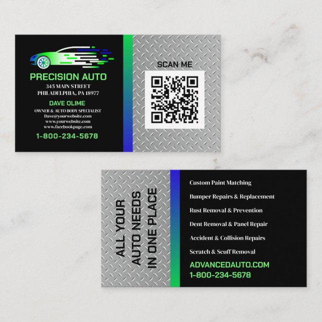 Auto Body Custom Paint Detailing Collison QR Code Business Card (Front/Back)