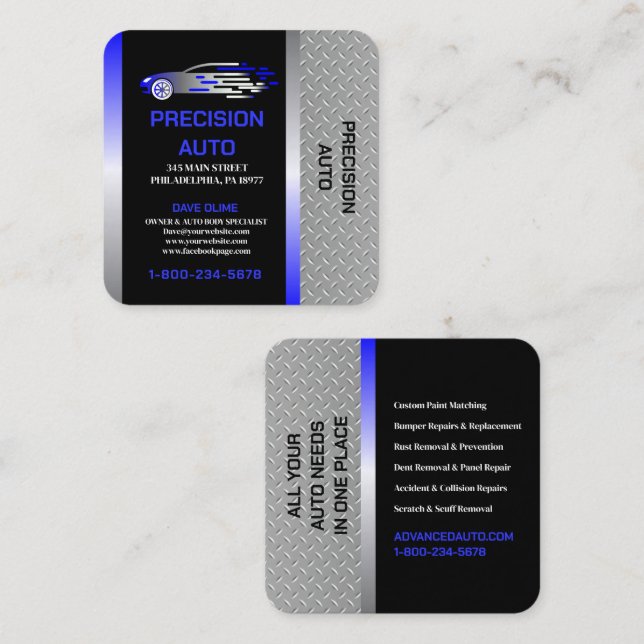 Auto Body Work Custom Car Paint Detailing Collison Square Business Card (Front/Back)
