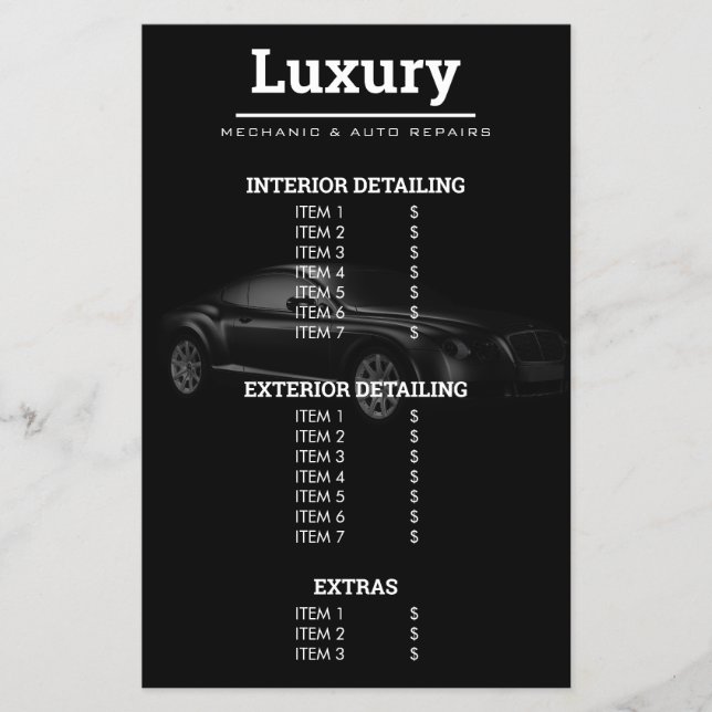 Auto Detailing Car Cleaning Repair Wash Price List Flyer (Front)