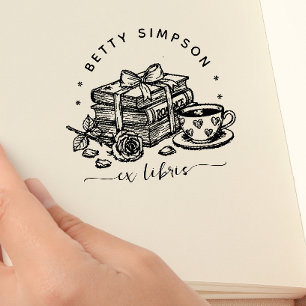 Auto-encreur Tampon ex libris personnalisé café et livre mignon