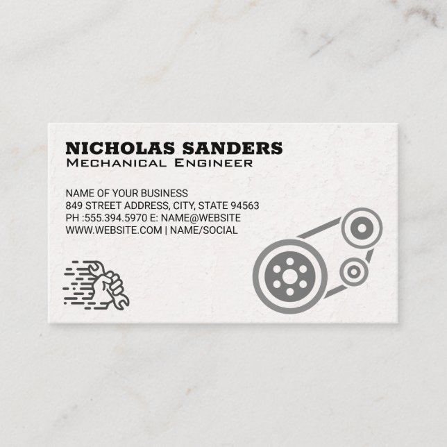 Auto Mechanic | Pulleys and Wrench in Hand Business Card (Front)