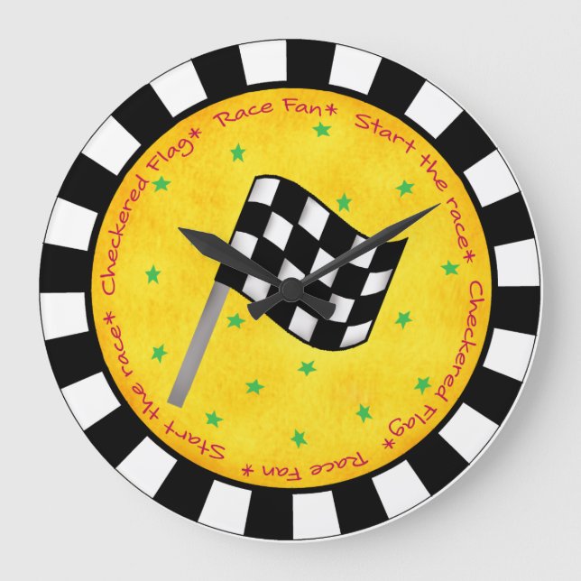 Auto Race Fan Chequered Flag Black Yellow Custom Large Clock (Front)