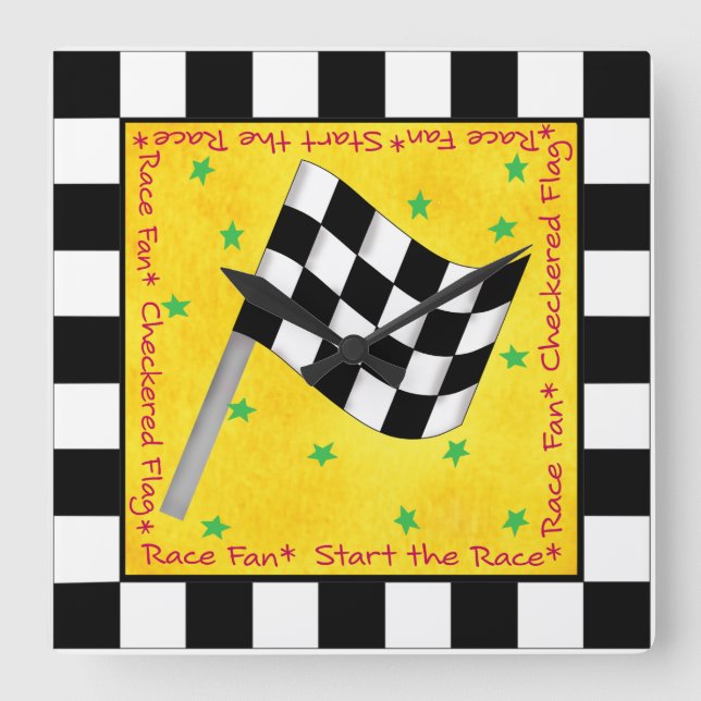 Auto Race Fan Chequered Flag Black Yellow Custom Square Wall Clock (Front)