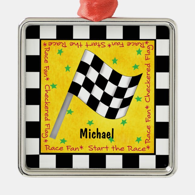 Auto Race Fan Chequered Flag Name Personalized Metal Ornament (Front)