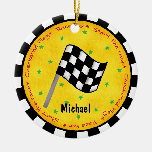 Auto Race Fan Chequered Flag Name Year Customized Ceramic Ornament (Front)