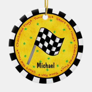 Auto Race Fan Chequered Flag Name Year Customized Ceramic Ornament
