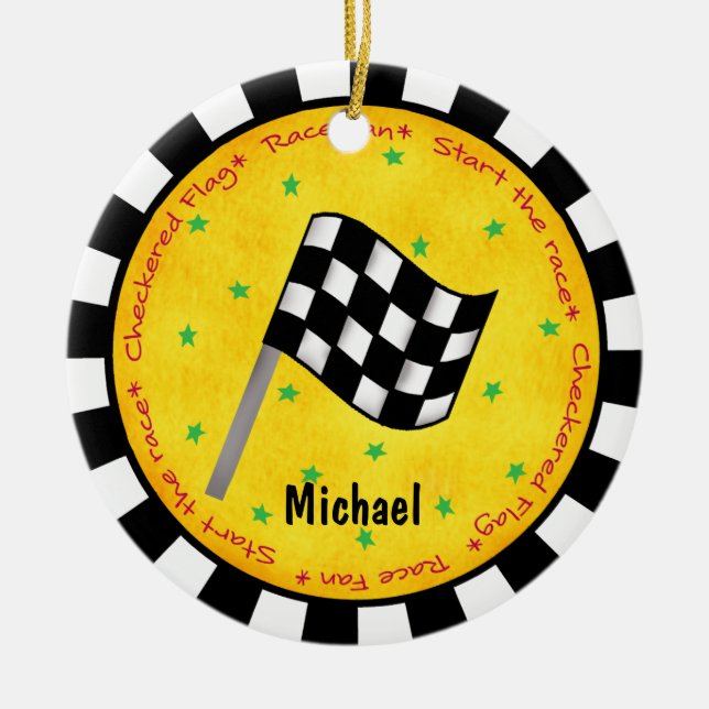 Auto Race Fan Chequered Flag Name Year Customized Ceramic Ornament (Front)