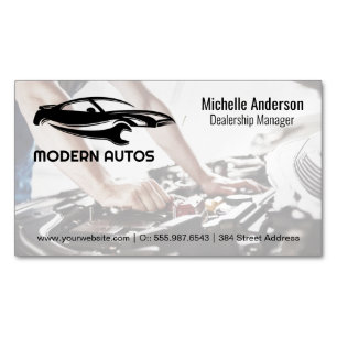 Auto Repair Logo   Mechanic Working on Car Magnetic Business Card