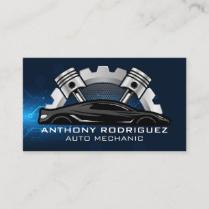 Auto Repair Pistons Gear Logo   Technician Business Card
