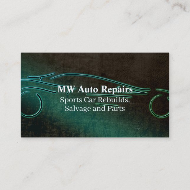 Auto repairs, teal leather-effect, sports car logo business card (Front)