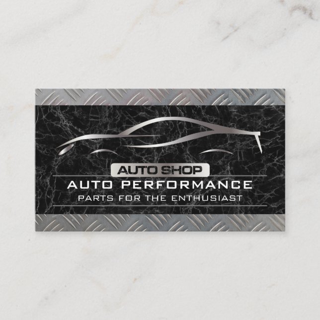 Auto Shop Metallic Car Logo | Black Marble Metal Business Card (Front)