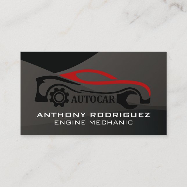 Auto Wrench Car | Black Gloss Style Business Card (Front)