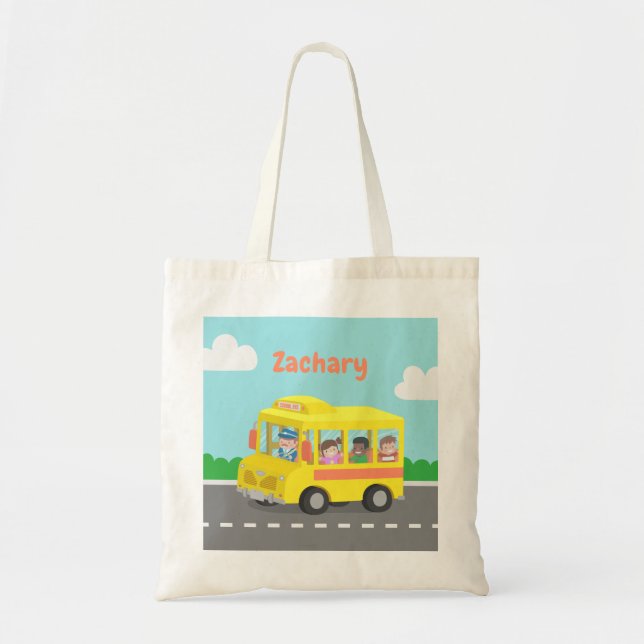 Autobus scolaire jaune et sac fourre-tout heureux (Devant)
