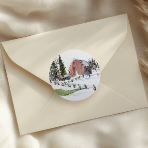 autocollant à grange rouge, encre de jour d'hiver