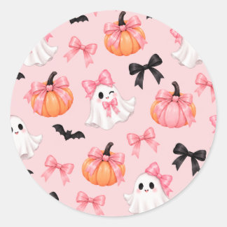 Autocollant à motif de fantômes roses et de nœuds 