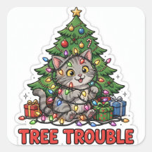 Autocollant Arbre Problème — Noël Chat Gris Tabby
