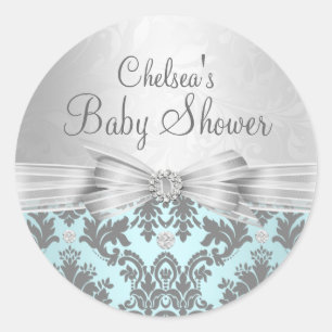 Autocollant Baby Shower Damassé Bleu et Argent