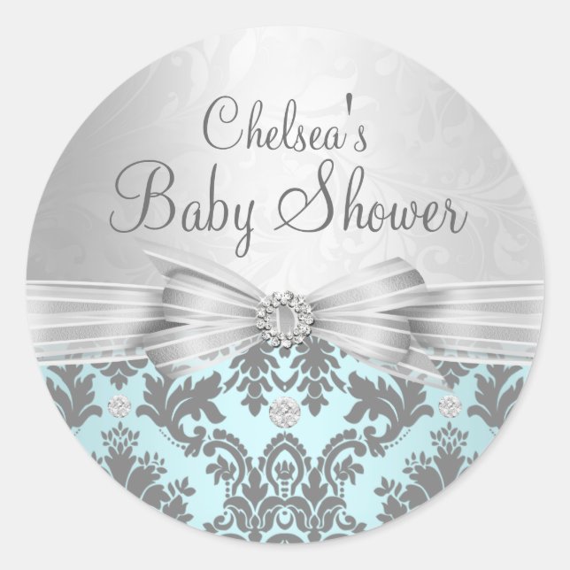 Autocollant Baby Shower Damassé Bleu et Argent (Devant)
