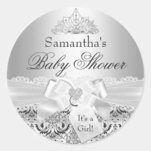 Autocollant Baby Shower Silver Damask & Tiara