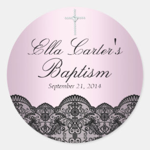 Autocollant Baptême Rose Dentelle & Croix Jolies