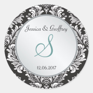 Autocollant blanc de mariage de noir de damassé de