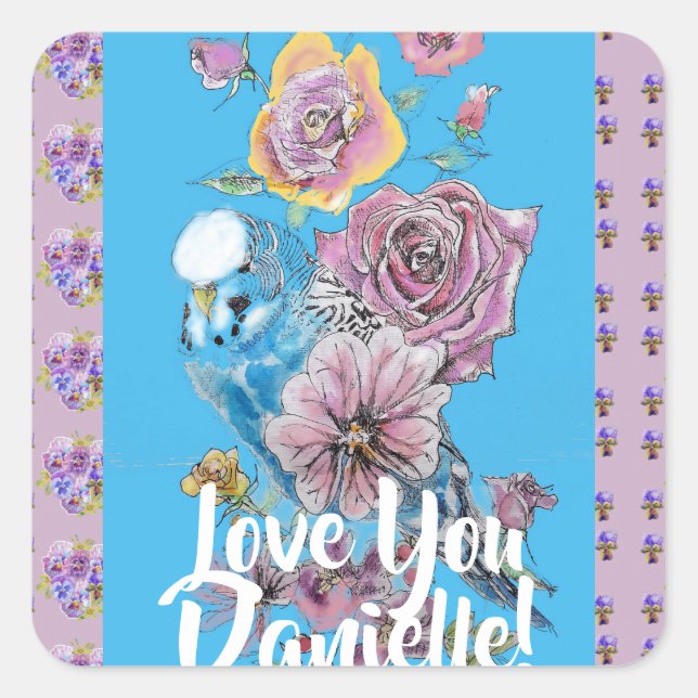 Autocollant bleu Budgie Watercolor floral dames (Devant)