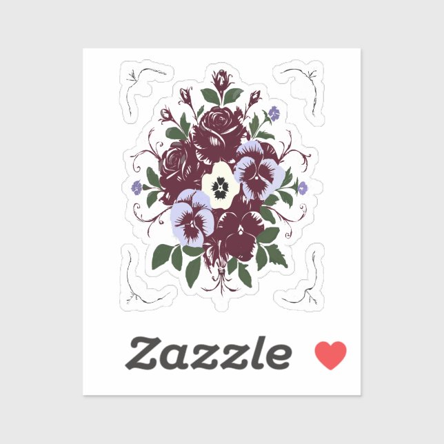 Autocollant Botanique Bouquet de Roses Violettes (Feuille)