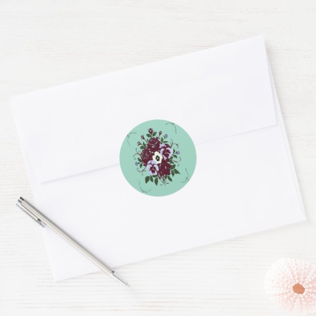 Autocollant Botanique Bouquet de Roses Violettes Classic Round Sticker (Envelope)