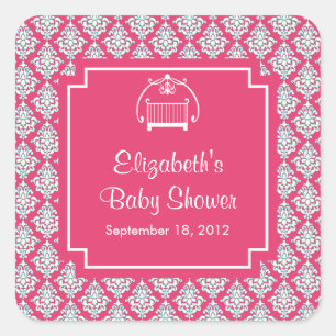 Autocollant Carré de Baby shower en Damas rose