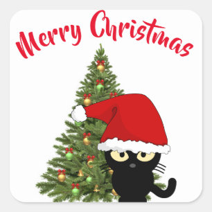 Autocollant carré de chat noir de Noël