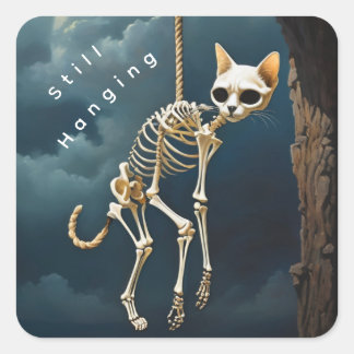 Autocollant carré de chat squelette suspendu 