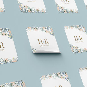 Autocollant carré de date de mariage à monogramme 