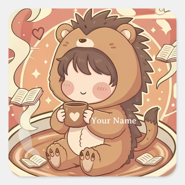 Autocollant carré de journal de café Hérisson Cozy (Devant)