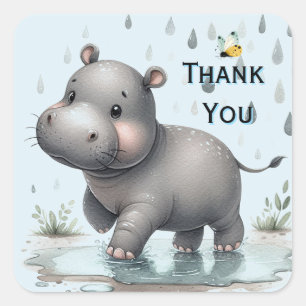 Autocollant carré gris hippopotame joueur Merci