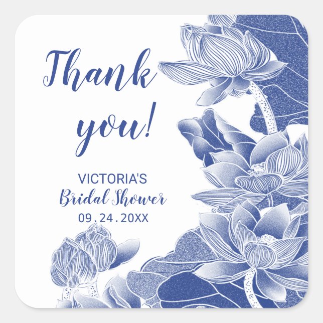 Autocollant carré Merci Chinoiserie Bleu Blanc (Devant)