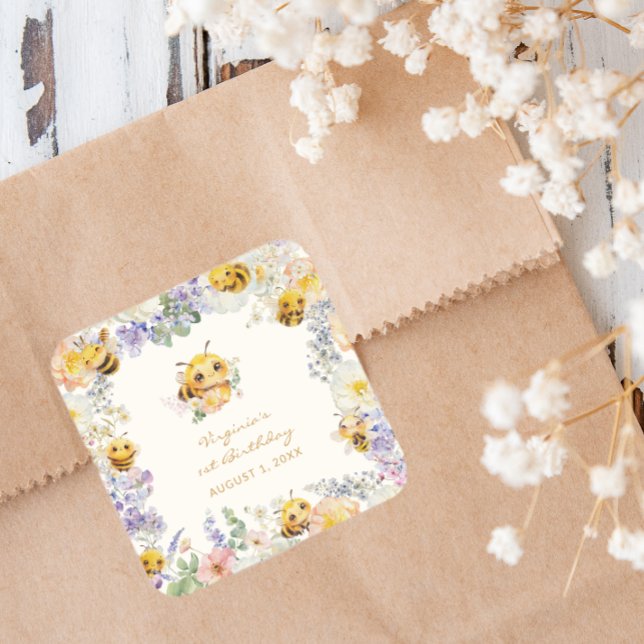 Autocollant carré pour l'anniversaire d'abeille (Bee Birthday Square Sticker
)