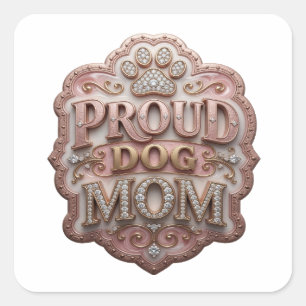 Autocollant carré PROUD DOG MOM en or ludique