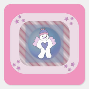 Autocollant carré rose de bonhomme de neige ange d