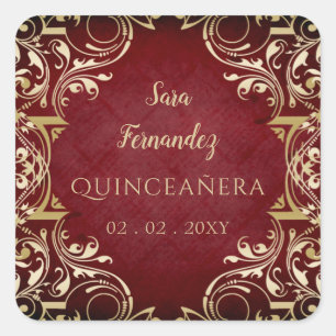 Autocollant Carré rustique Quinceanera or rouge