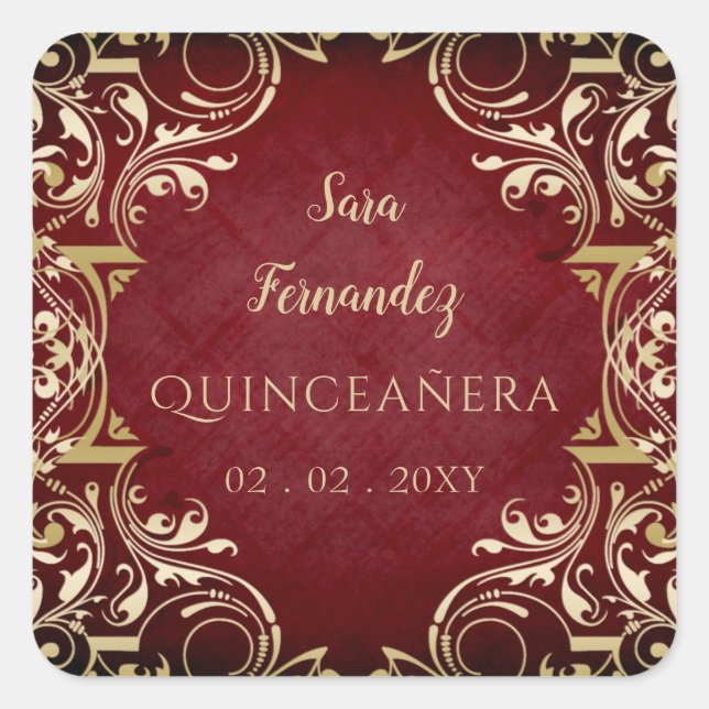 Autocollant Carré rustique Quinceanera or rouge (Devant)