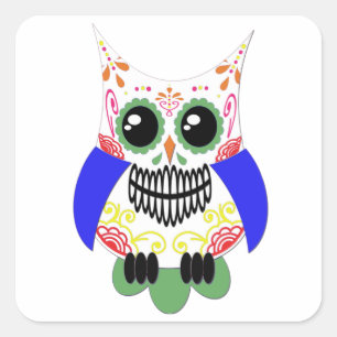 Autocollant coloré de hibou de crâne de sucre