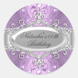 Autocollant d'anniversaire damassé perle violette 