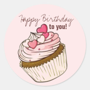 Autocollant d'anniversaire de Cupcake rose