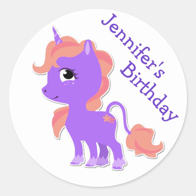 Autocollant d'anniversaire mignon violet Unicorn (Devant)