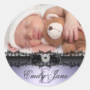 Autocollant d'annonce de naissance photo violet en