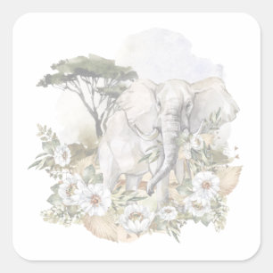 Autocollant d'aquarelle Eléphant & Fleurs blanches